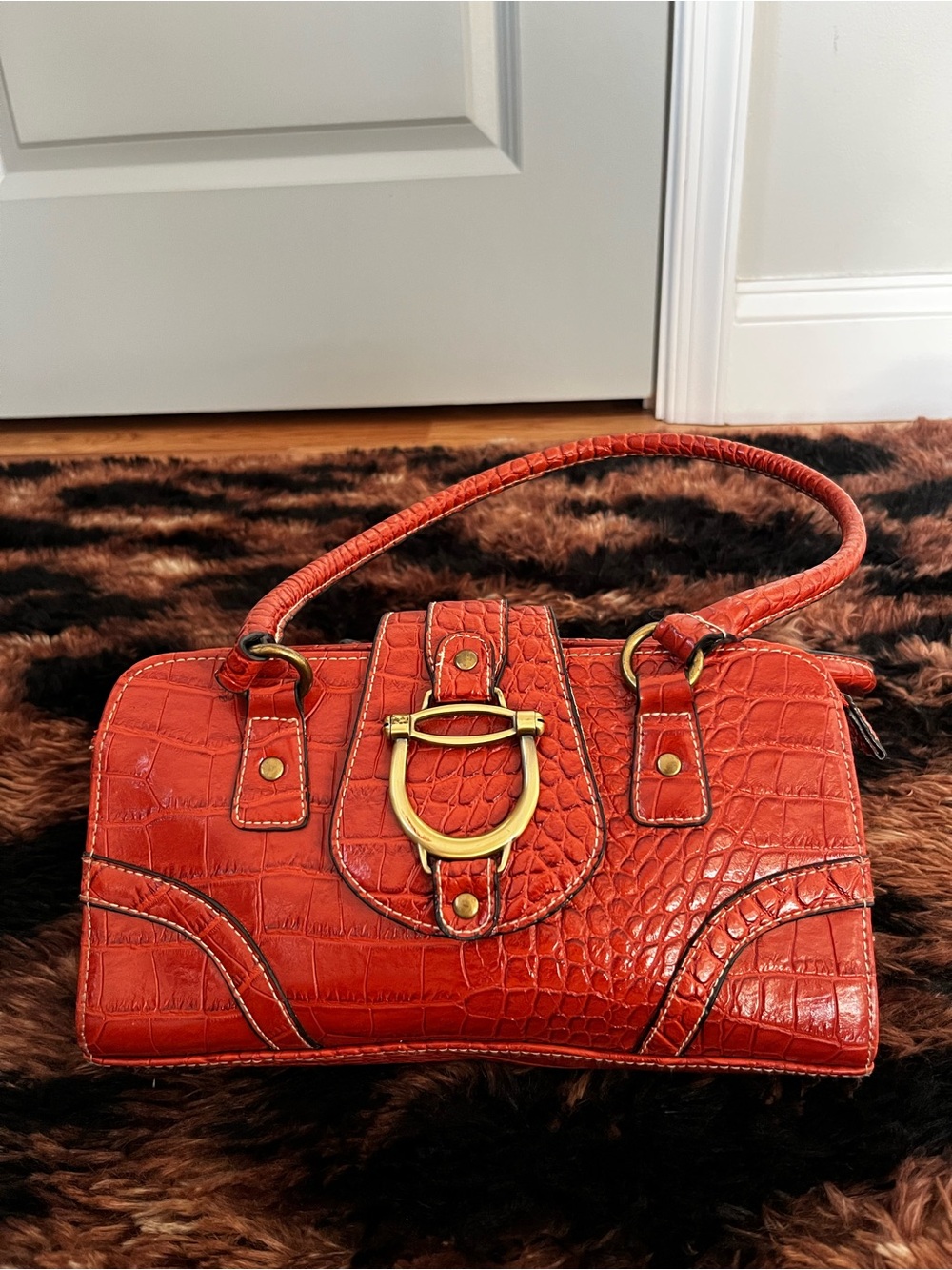 Orange Croc-Embossed Leather Shoulder Bag